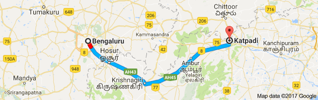 Bangalore to  Katpadi  route, distance, time and road conditions