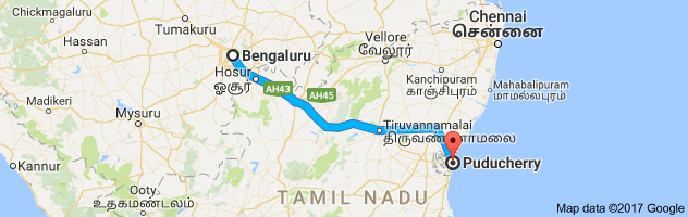 Bangalore to Pondicherry  route, distance, time and road conditions