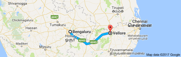 Bangalore to Vellore route, distance, time and road conditions