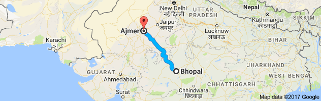 Bhopal to  Ajmer  route, distance, time and road conditions