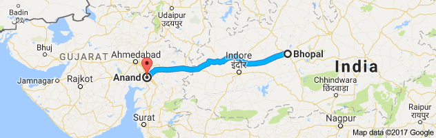 Bhopal to  Anandroute, distance, time and road conditions