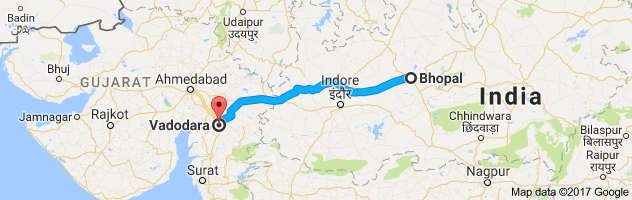 Bhopal to  Baroda  route, distance, time and road conditions