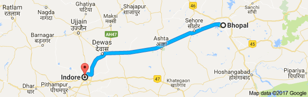 Bhopal to  Indore route, distance, time and road conditions