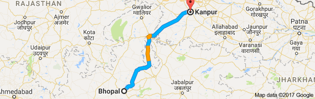 Bhopal to  Kanpur    route, distance, time and road conditions