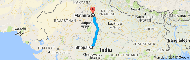 Bhopal to  Mathura route, distance, time and road conditions