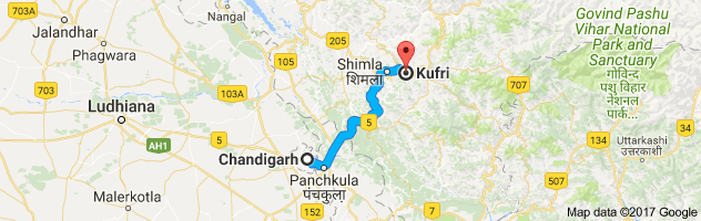 Chandigarh to Kufri route, distance, time and road conditions