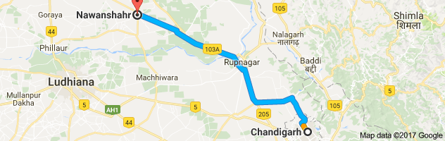 Chandigarh to Nawanshahr route, distance, time and road conditions