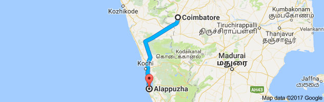 Coimbatore to Alleppey    route, distance, time and road conditions