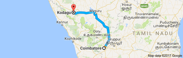 Coimbatore to Coorg route, distance, time and road conditions