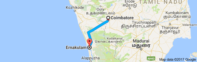 Coimbatore to Ernakulam route, distance, time and road conditions