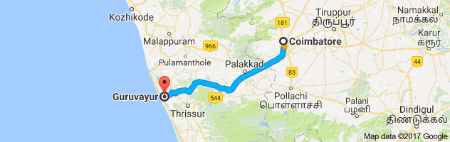 Coimbatore to Guruvayur  route, distance, time and road conditions