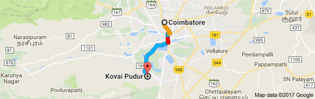 Coimbatore to Kovaipudur  route, distance, time and road conditions