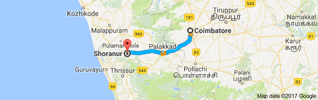 Coimbatore to Shoranur   route, distance, time and road conditions