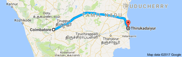 Coimbatore to Thirukadaiyur  route, distance, time and road conditions