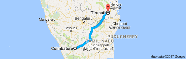 Coimbatore to Tirupati  route, distance, time and road conditions