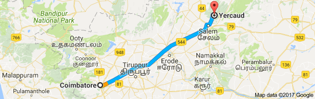 Coimbatore to Yercaud  route, distance, time and road conditions