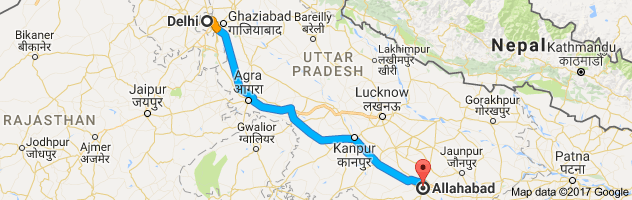 Delhi to  Allahabad route, distance, time and road conditions