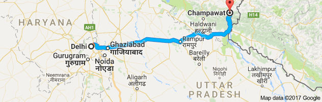 Delhi to  Champawat route, distance, time and road conditions