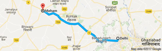 Delhi to Meham route, distance, time and road conditions