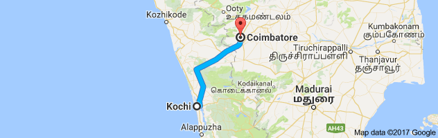 Kochi to Coimbatore  route, distance, time and road conditions