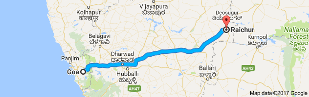 Goa to Raichur route, distance, time and road conditions