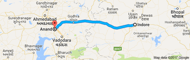 Indore to Anandroute, distance, time and road conditions