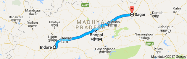 Indore to Sagar  route, distance, time and road conditions