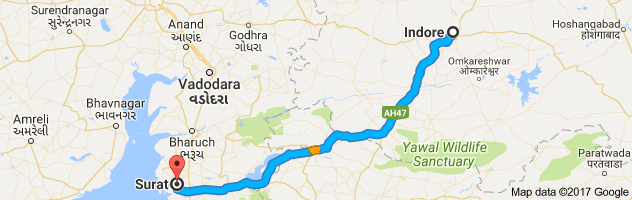 Indore to Surat  route, distance, time and road conditions