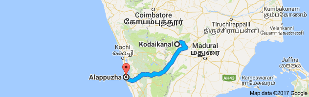 Kodaikanal  to Alappuzha route, distance, time and road conditions