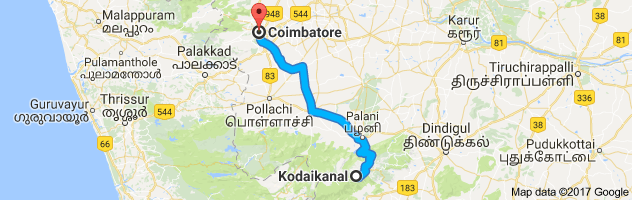 Kodaikanal  to Coimbatore route, distance, time and road conditions