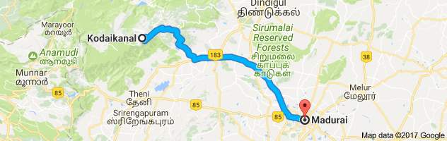 Kodaikanal  to Madurai  route, distance, time and road conditions