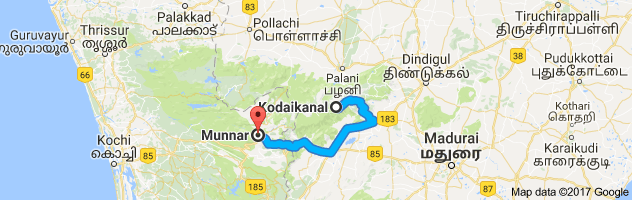 Kodaikanal  to Munnar route, distance, time and road conditions