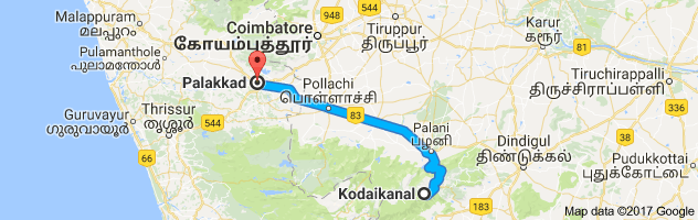 Kodaikanal  to Palakkad  route, distance, time and road conditions