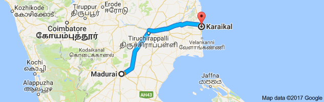 Madurai  to Karaikal route, distance, time and road conditions