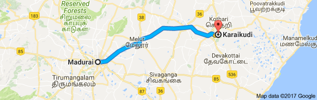 Madurai  to Karaikudi route, distance, time and road conditions