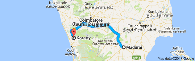 Madurai  to Koratty   route, distance, time and road conditions