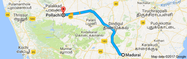 Madurai  to Pollachi route, distance, time and road conditions