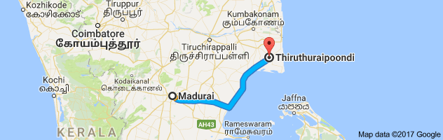 Madurai  to Thiruthuraipoondi  route, distance, time and road conditions