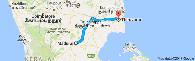 Madurai  to Thiruvarur   route, distance, time and road conditions