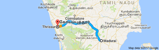 Madurai  to Thrissur   route, distance, time and road conditions