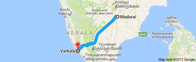 Madurai  to Varkala route, distance, time and road conditions