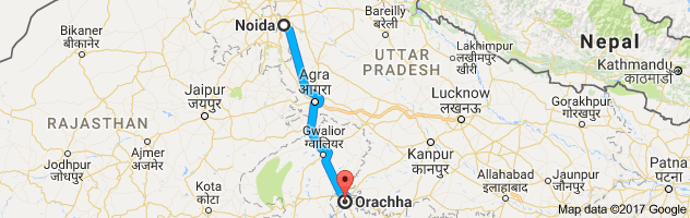 Noida to Orchha  route, distance, time and road conditions