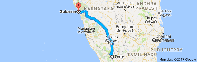 Ooty to Gokarna route, distance, time and road conditions