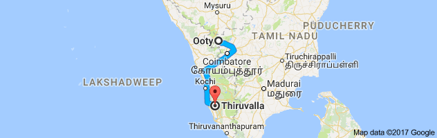 Ooty to Thiruvalla route, distance, time and road conditions