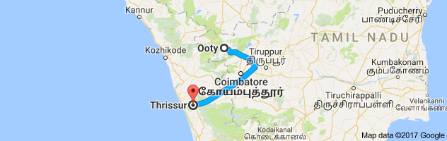 Ooty to Thrissur route, distance, time and road conditions