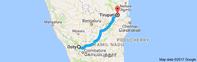 Ooty to Tirupati route, distance, time and road conditions