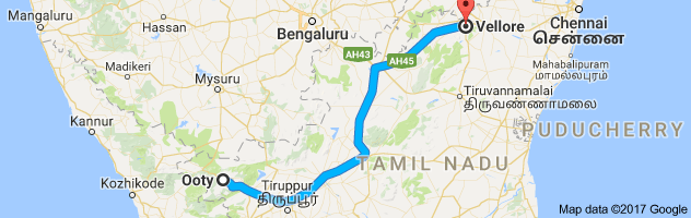 Ooty to Vellore    route, distance, time and road conditions