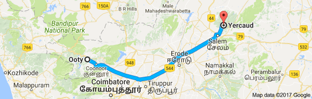 Ooty to Yercaud   route, distance, time and road conditions