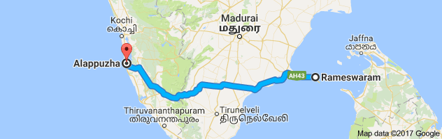 Rameshwaram   to Alappuzha  route, distance, time and road conditions