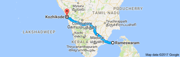 Rameshwaram   to Calicut  route, distance, time and road conditions